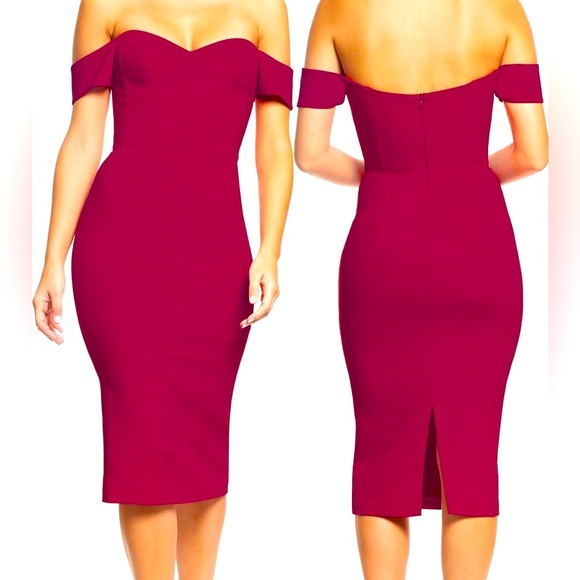 Dress the population - Dark Magenta Bailey off the shoulder bodycon dress - Picture 1 of 5